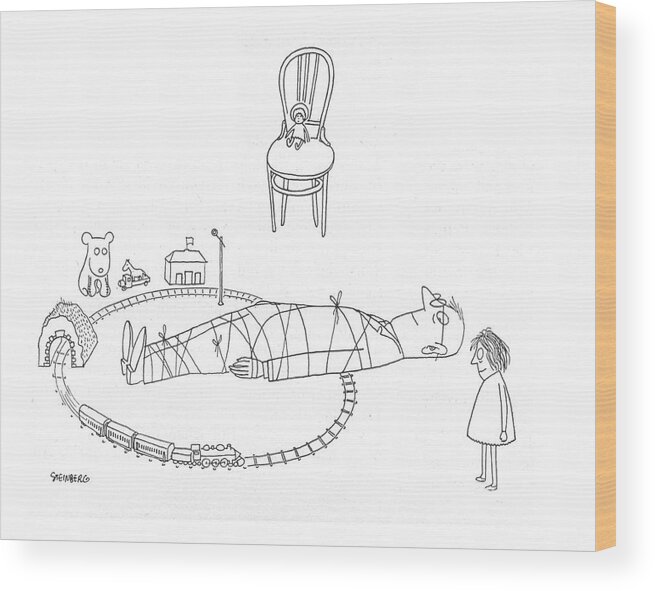 Saul Steinberg 113332 Steinbergattny   Little Girl Has Tied Her Father To Railroad Tracks Of Toy Train Set. Child Childhood Children Dad Dads Daughter Daughters Families Family Father Fathers Girl Kid Kids Little Parenting Parents Play Playing Railroad Rearing Rope Set Son Sons Tied Toy Toys Track Tracks Train Trains Wood Print featuring the drawing New Yorker May 6th, 1944 by Saul Steinberg