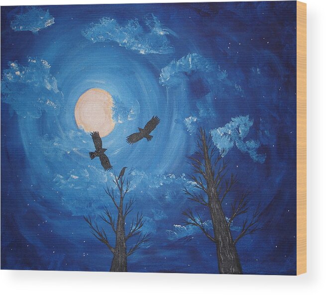 Crow Wood Print featuring the painting Night of the Crow by Angie Butler