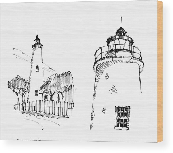 Ocracoke Island Wood Print featuring the drawing Ocaracoke Lighthouse Detail Sketches 1992 by Richard Wambach