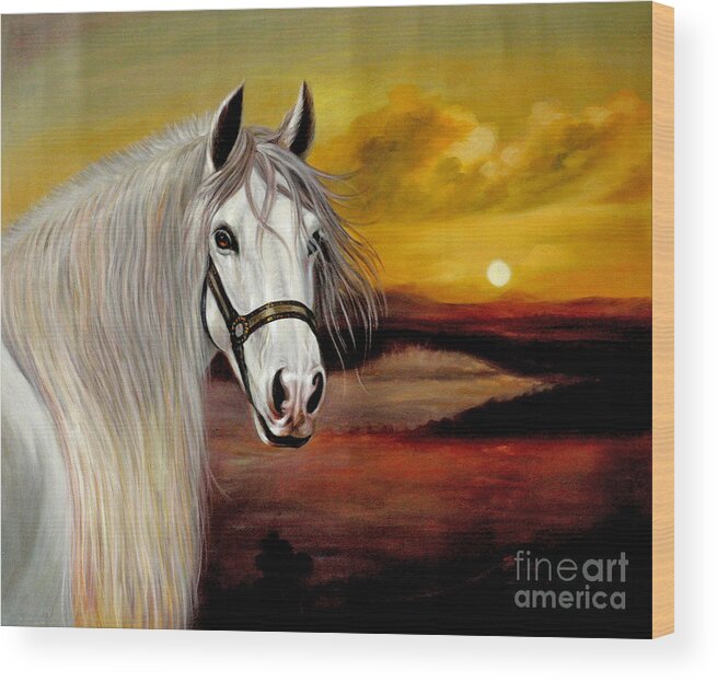 Original Wood Print featuring the painting Original Oil Painting Animal Art-horse In Sunset #015 by Hongtao Huang