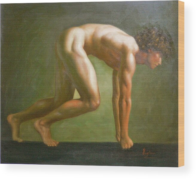 Original Wood Print featuring the painting Original Oil Painting Man Body Man Art -male Nude By Hongtao#16-1-31-10 by Hongtao Huang