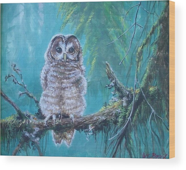 Owl In The Woods Wood Print featuring the painting Owl in the woods by Perry's Fine Art