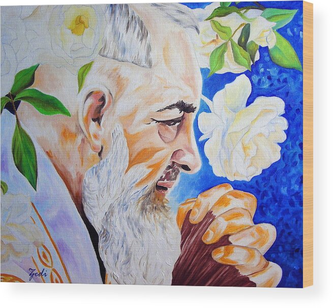 Ze Di Wood Print featuring the painting Padre Pio by - Zedi -