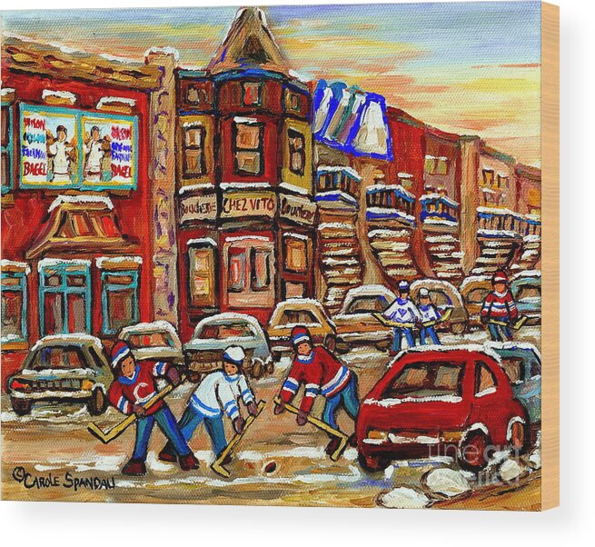 Montreal Wood Print featuring the painting Paintings Of Fairmount Bagel Street Hockey Game Near Chez Vito Montreal Art Winter City Cspandau by Carole Spandau