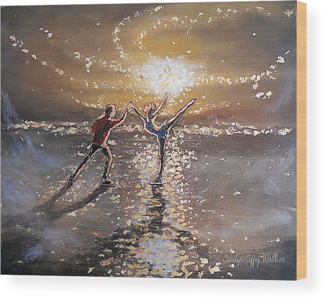 Gold Wood Print featuring the painting Passion to Perform Ice Skaters Golden Moment by Carolyn Coffey Wallace
