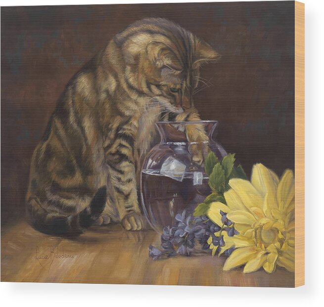 Cat Wood Print featuring the painting Paw in the Vase by Lucie Bilodeau
