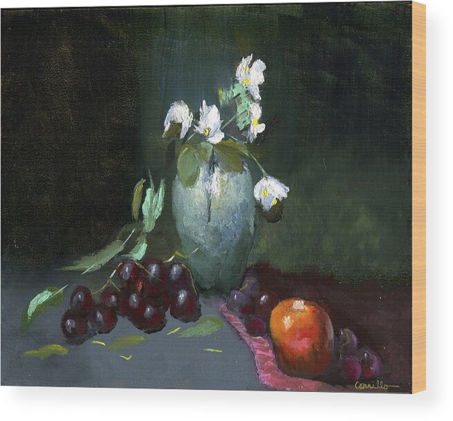Still Life Of Vivid Cool Blue Green Hue Surrounding Vase Wood Print featuring the painting Peachy Jasmine by Ruben Carrillo