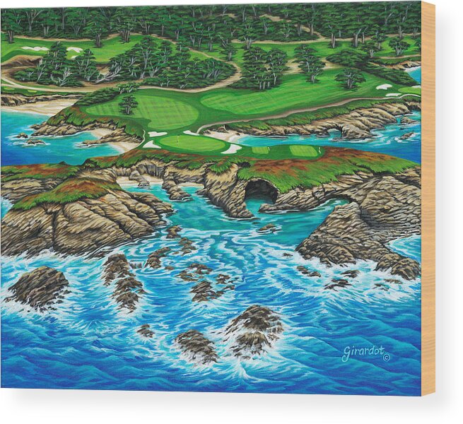 Ocean Wood Print featuring the painting Pebble Beach 15th Hole-North by Jane Girardot