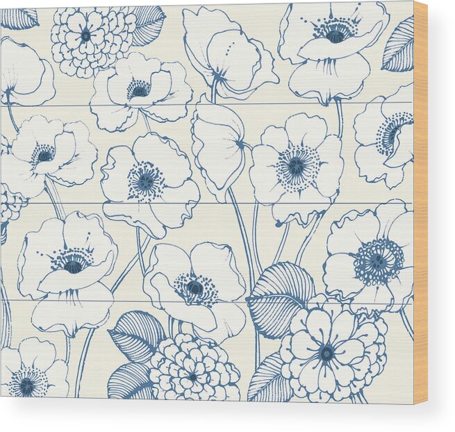 Blue Wood Print featuring the painting Pen And Ink Flowers I by Wild Apple Portfolio