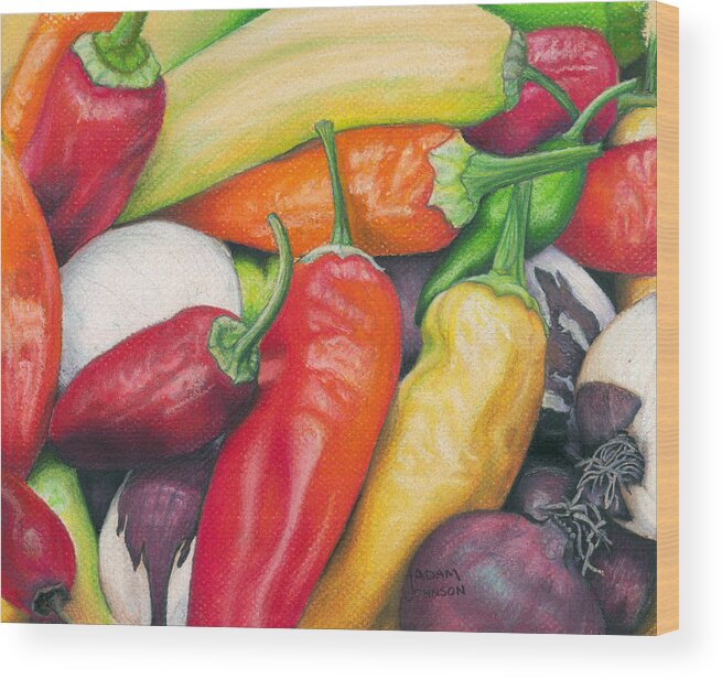 Pepper Wood Print featuring the painting Peppers and Onions by Adam Johnson