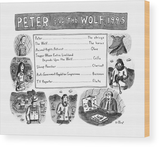 Peter And The Wolf Wood Print featuring the drawing Peter And The Wolf by Roz Chast