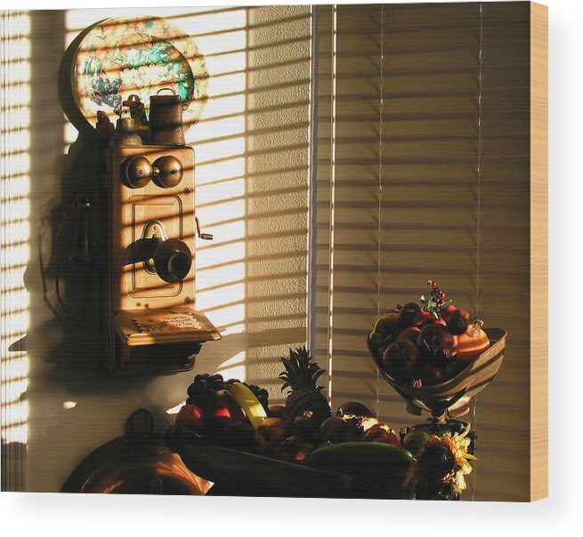 Vintage Wall Phone Wood Print featuring the photograph Phone and Fruit by Craig Burgwardt