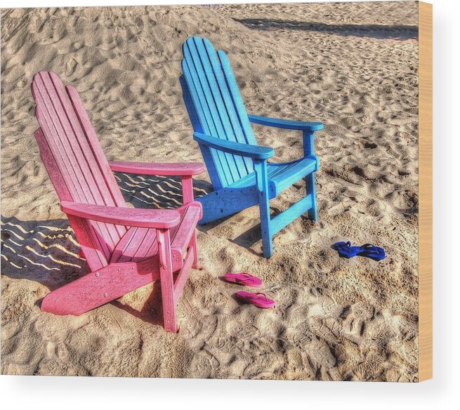 Alabama Wood Print featuring the digital art Pink and blue Beach Chairs with matching Flip Flops by Michael Thomas