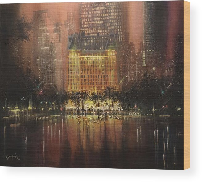  Central Park Wood Print featuring the painting Plaza Hotel New York City by Tom Shropshire