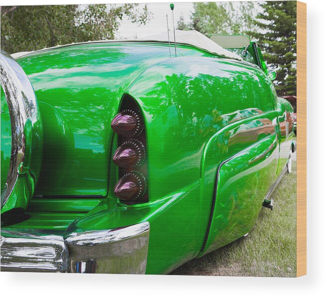Custom Car Show Shine Classic Granum Alberta Canada Auto Automobile Chrome Hood Fender Bright Retro Green Poison Ivy Wood Print featuring the photograph Poison Ivy green custom car by Mick Flynn