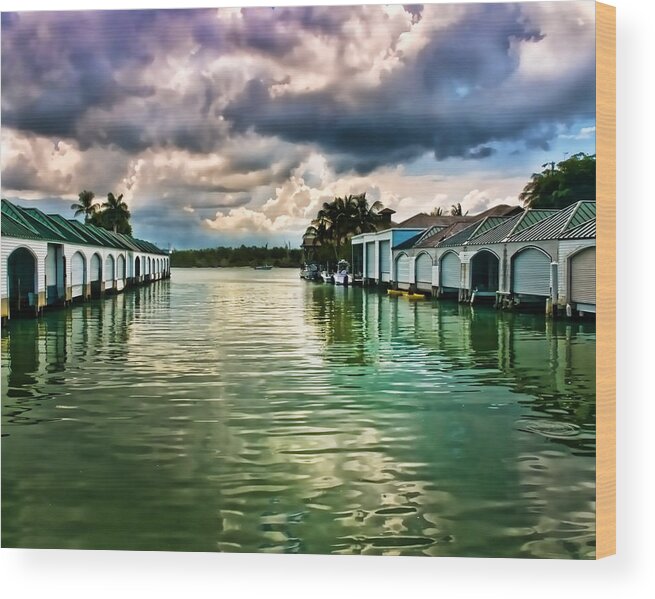 Port Royal Naples Florida Waterfront Wood Print featuring the photograph Storm Clouds Over Port Royal Boathouses in Naples by Ginger Wakem