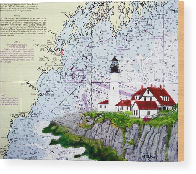 Portland Wood Print featuring the painting Portland Head Lighthouse and NOAA Nautical Chart by Mike Robles