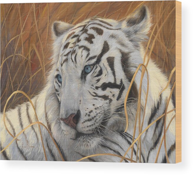Tiger Wood Print featuring the painting Portrait White Tiger 1 by Lucie Bilodeau