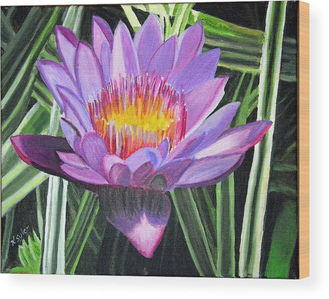 Lotus Wood Print featuring the painting Purple lotus with striped foliage by Karen Syler