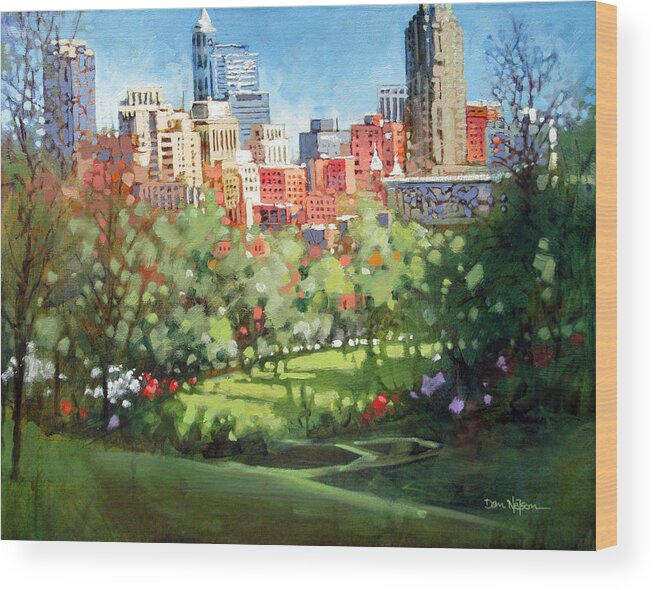 Raleigh Wood Print featuring the painting Raleigh Spring Skyline by Dan Nelson