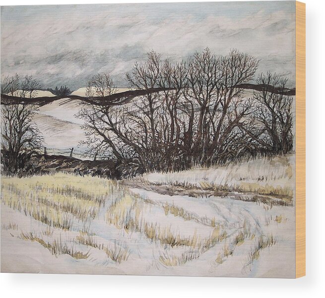Landscape Winter Trees Fields Sky Wood Print featuring the painting Reardon WA Fields by Lynne Haines