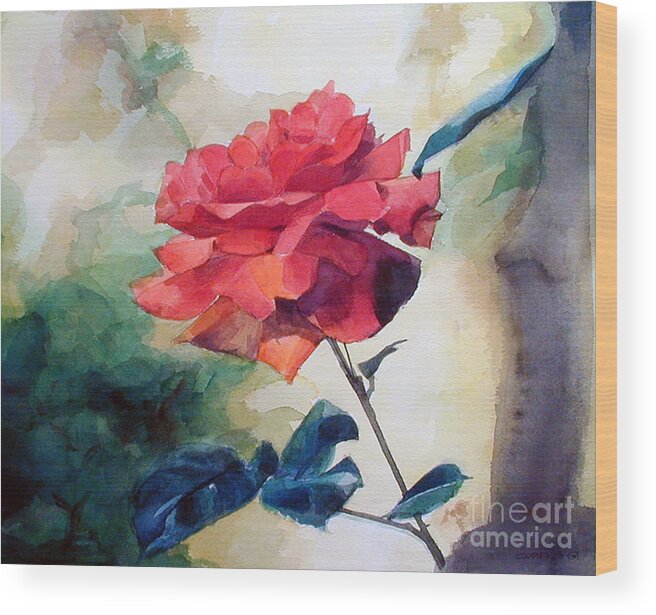 Red Rose Wood Print featuring the painting Watercolor of a Single Red Rose on a Branch by Greta Corens