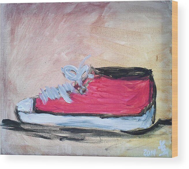 Red Wood Print featuring the painting Red Tennis Shoe by Loretta Nash