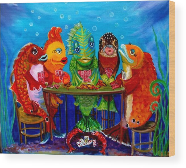 Fish Playing Poker Wood Print featuring the painting Redfish Poker II by Linda Kegley