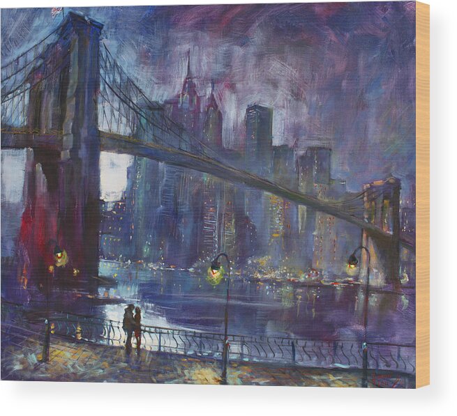 Brooklyn Bridge Wood Print featuring the painting Romance by East River NYC by Ylli Haruni