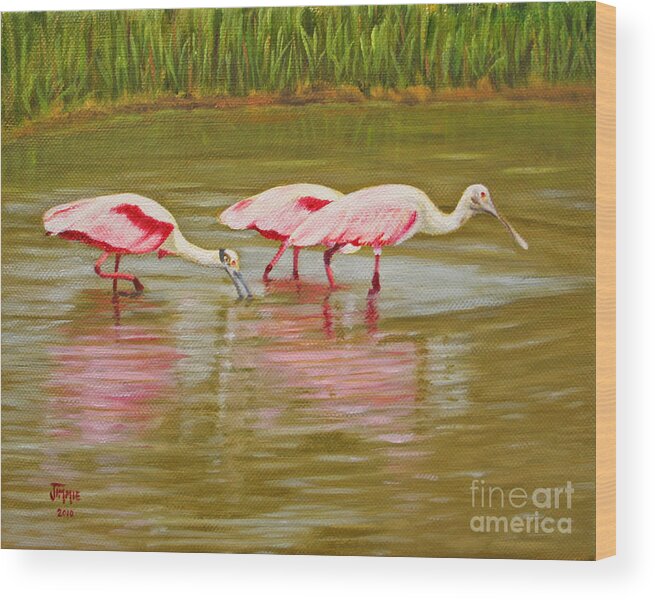 Matagorda Wood Print featuring the painting Roseatte Spoonbill Party by Jimmie Bartlett