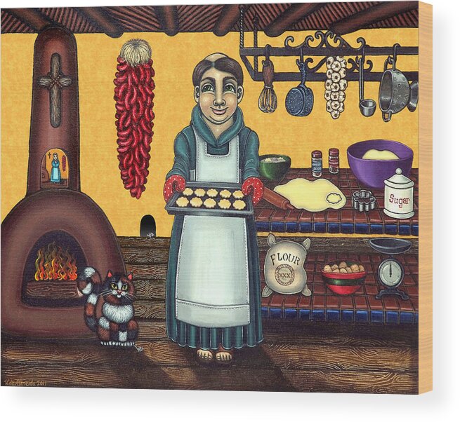 Folk Art Wood Print featuring the painting San Pascual Making Biscochitos by Victoria De Almeida