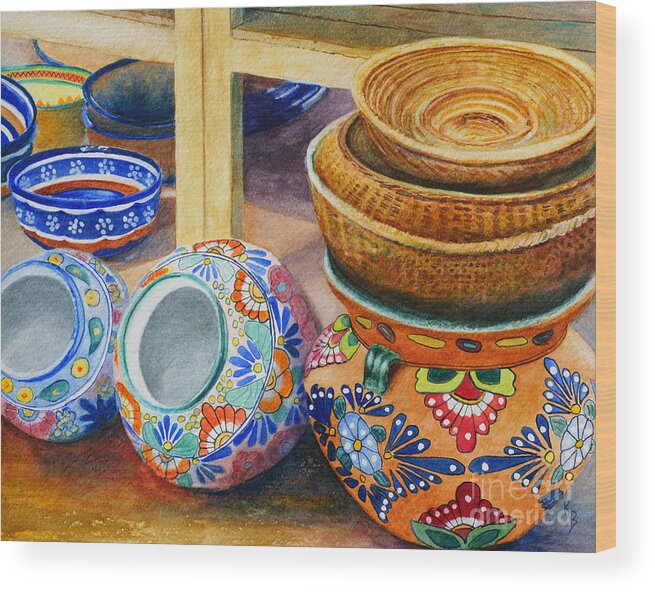 Pots Wood Print featuring the painting Southwestern Pots and Baskets by Karen Fleschler