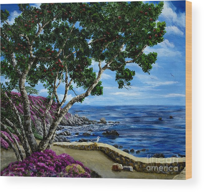 California Wood Print featuring the painting Seagull at Pacific Grove Overlook by Laura Iverson