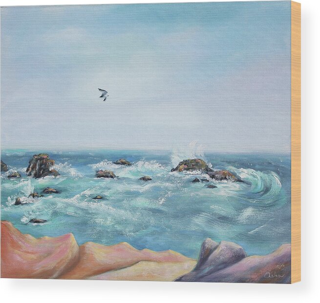 Seascape Painting Wood Print featuring the painting Seagull over the Ocean by Asha Carolyn Young