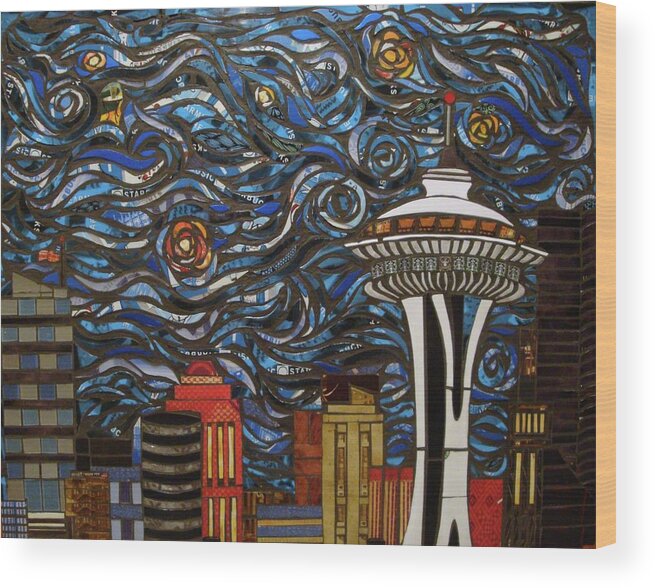 Seattle Wood Print featuring the mixed media Seattle Starry Night by Mary Ellen Bowers