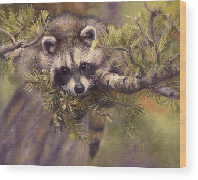 Raccoon Wood Print featuring the painting Seeking Mischief by Lucie Bilodeau