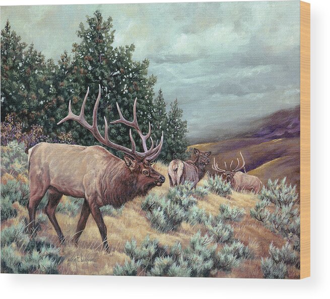 Elk Wood Print featuring the painting Showdown by Craig Burgwardt