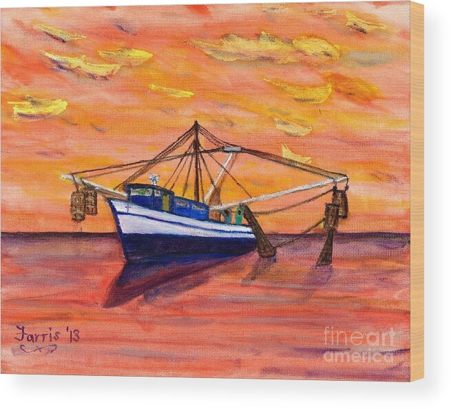 Shrimp Wood Print featuring the painting Shrimper Sunset by Larry Farris