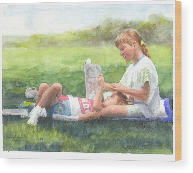 <a Href=http://miketheuer.com Target =_blank>www.miketheuer.com</a> Sisters Reading Watercolor Portrait Wood Print featuring the drawing Sisters Reading Watercolor Portrait by Mike Theuer