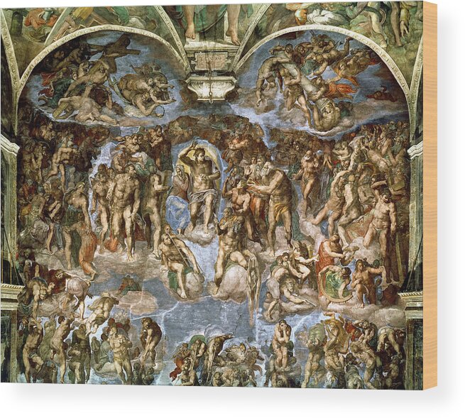 High Renaissance Wood Print featuring the photograph Sistine Chapel The Last Judgement, 1538-41 Fresco Pre-restoration by Michelangelo Buonarroti