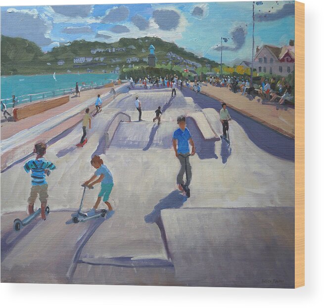 Andrew Macara Wood Print featuring the painting Skateboaders Teignmouth by Andrew Macara