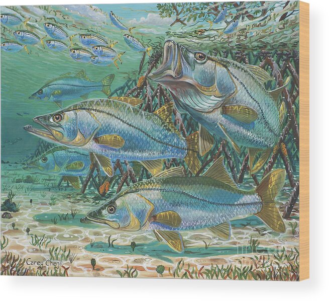 Snook Wood Print featuring the painting Snook attack In0014 by Carey Chen