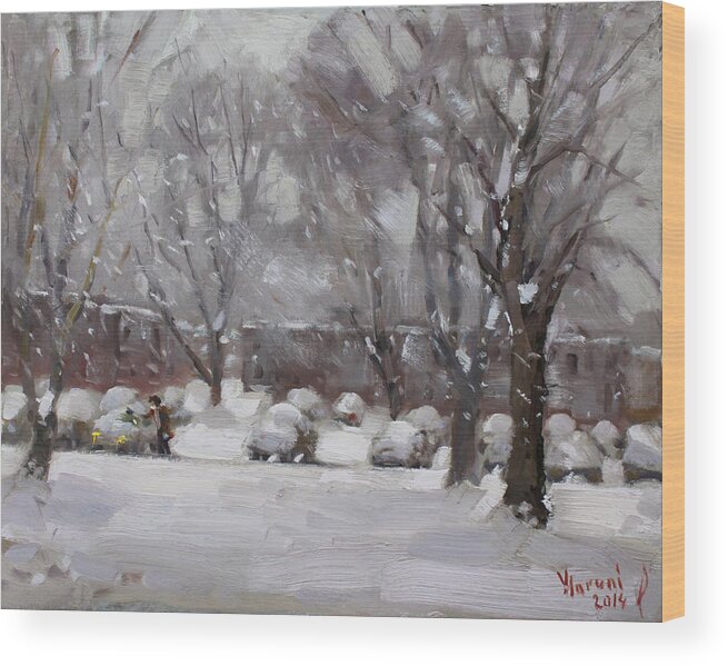 Snowfall Wood Print featuring the painting Snowfall in Royal Park Apartments by Ylli Haruni