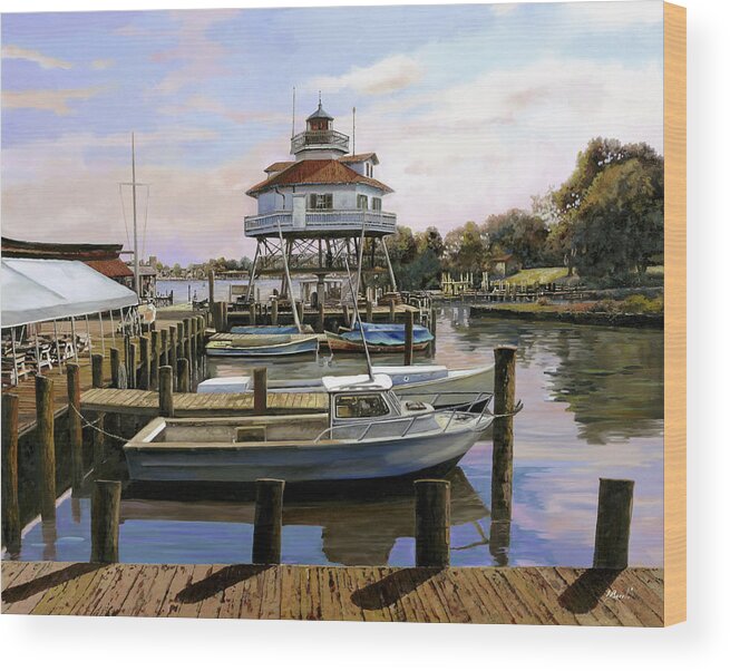 Solomon's Island Wood Print featuring the painting Solomon's Island Drum Point light house,MD by Guido Borelli