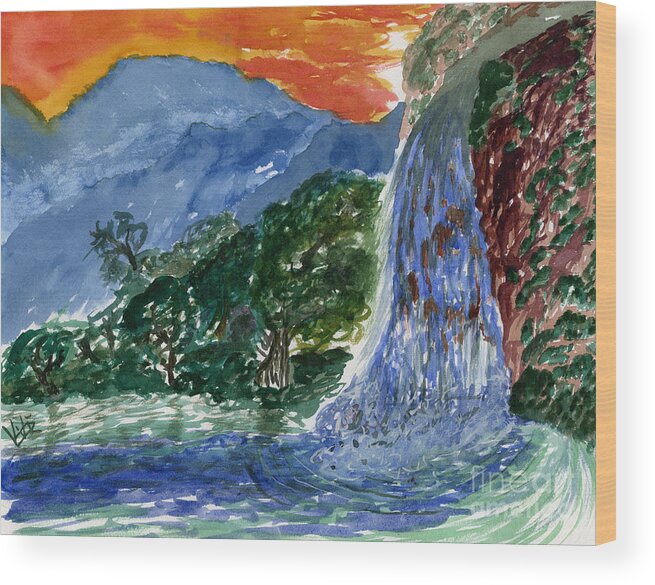 Waterfall Wood Print featuring the painting Somewhere Oahu by Victor Vosen