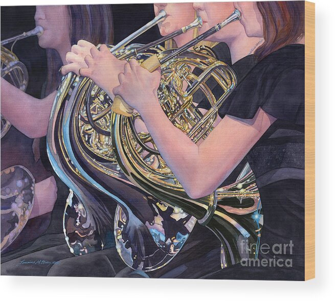French Horn Wood Print featuring the painting Sonata For Horns by Lorraine Watry