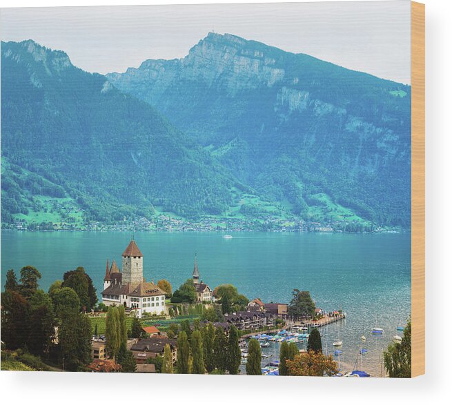 Built Structure Wood Print featuring the photograph Spiez With Lake Thun Switzerland by Nicolasmccomber