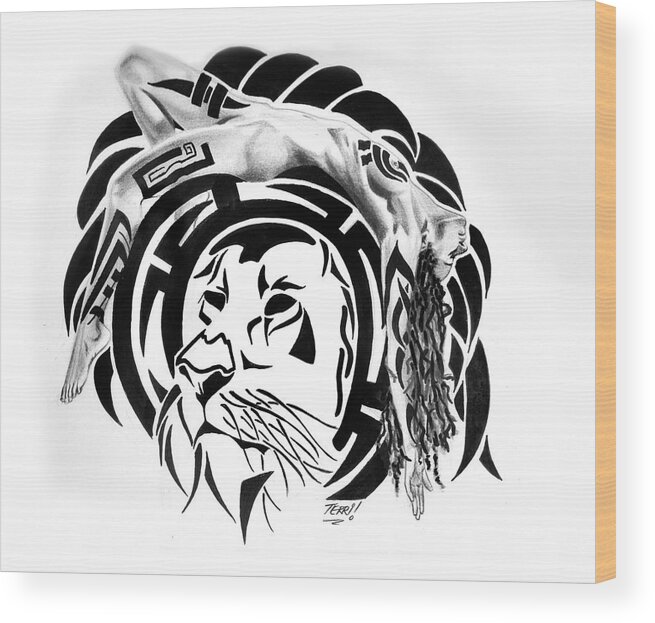 Tribal Wood Print featuring the drawing Spirit Animal lion by Terri Meredith