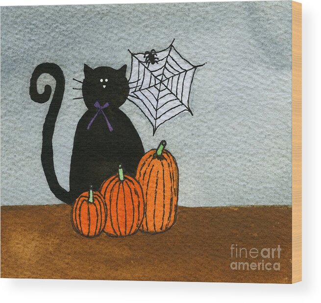 Black Cat Wood Print featuring the painting Spooky Black Cat by Norma Appleton