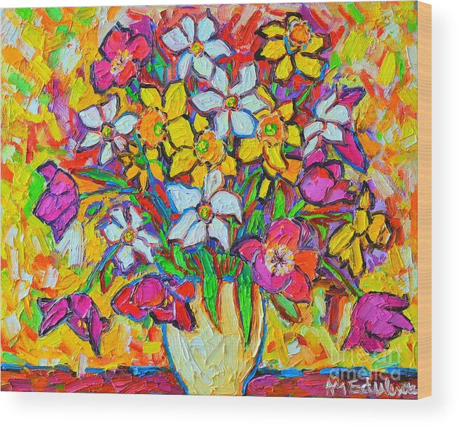 Daffodil Wood Print featuring the painting Spring Flowers Bouquet Colorful Tulips And Daffodils by Ana Maria Edulescu